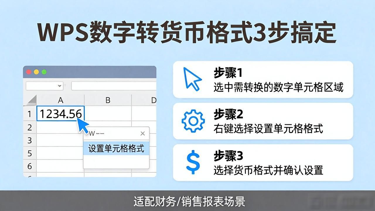 WPS把数字改成货币格式，3步搞定